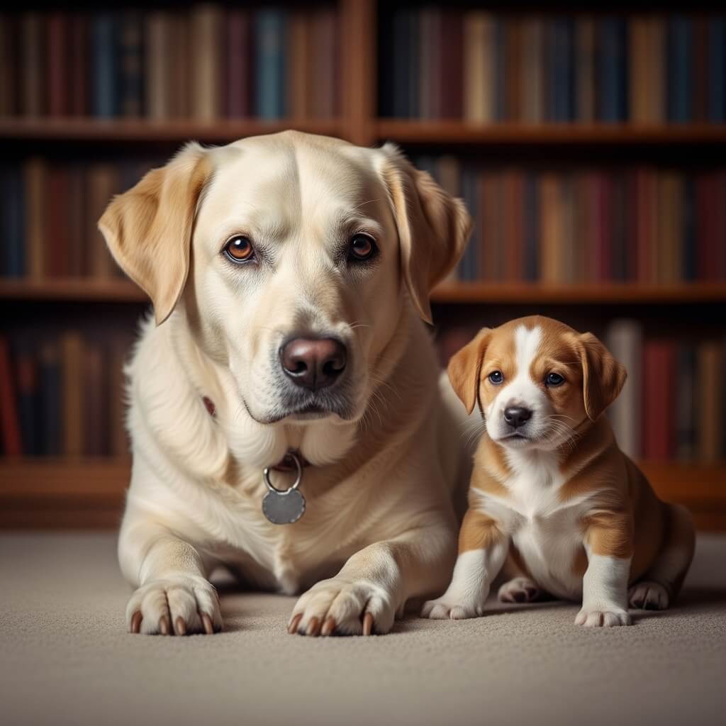 Elder dog teaching puppy ancient dog training secrets in a calm library setting