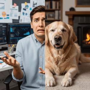 Elder dog calmly observing common dog training problems caused by human behavior