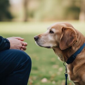 Elder dog observing human body language to understand canine behavior