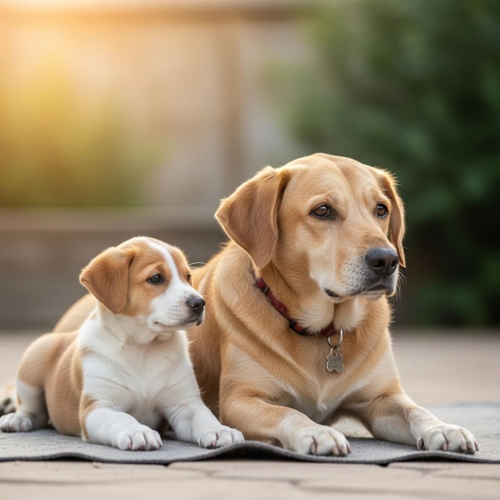 Elder dog teaching puppy canine behavior wisdom through observation