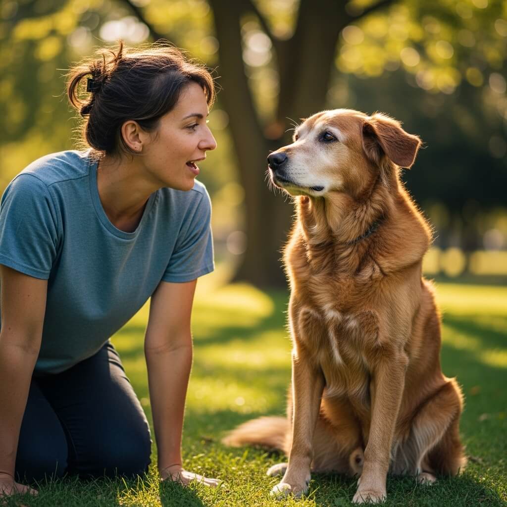 Human asking an elder dog for dog training advice in a calm, natural setting